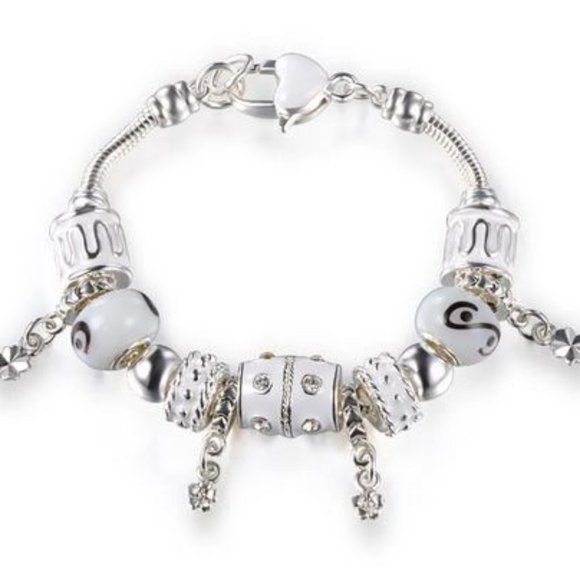 18cm Charm Bracelet with 13 Assorted Pandora Style White and Silver Charms - Picture 1 of 4